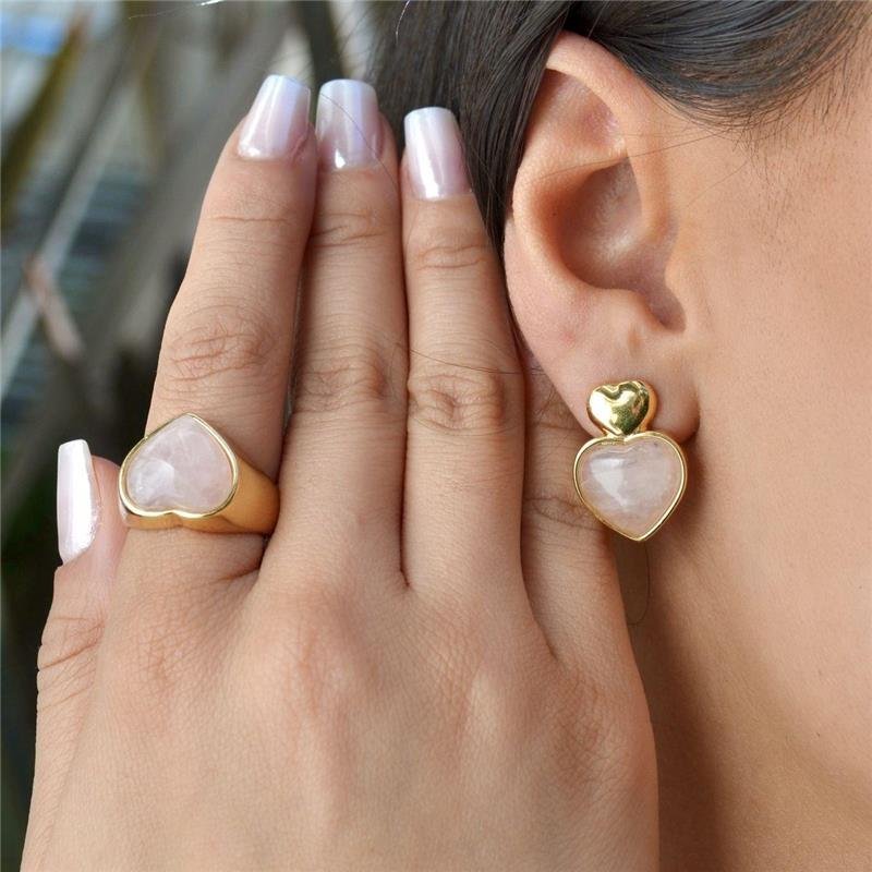 Brinco Quartzo Rosa Coração