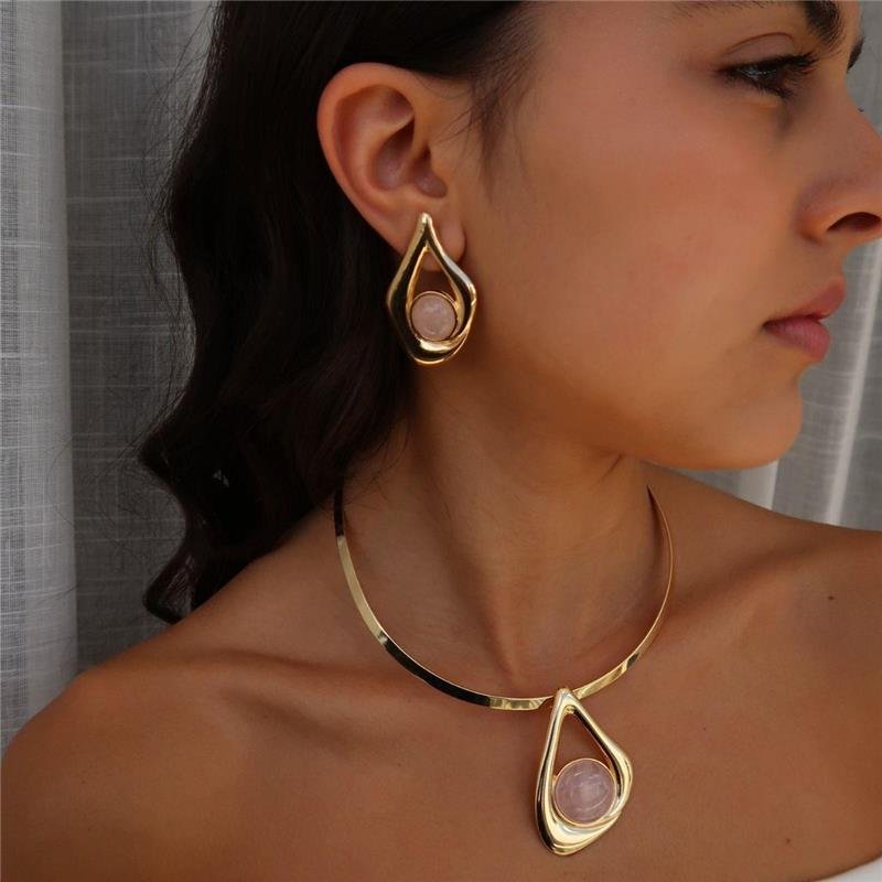 Conjunto Quartzo Rosa Colar de Arco