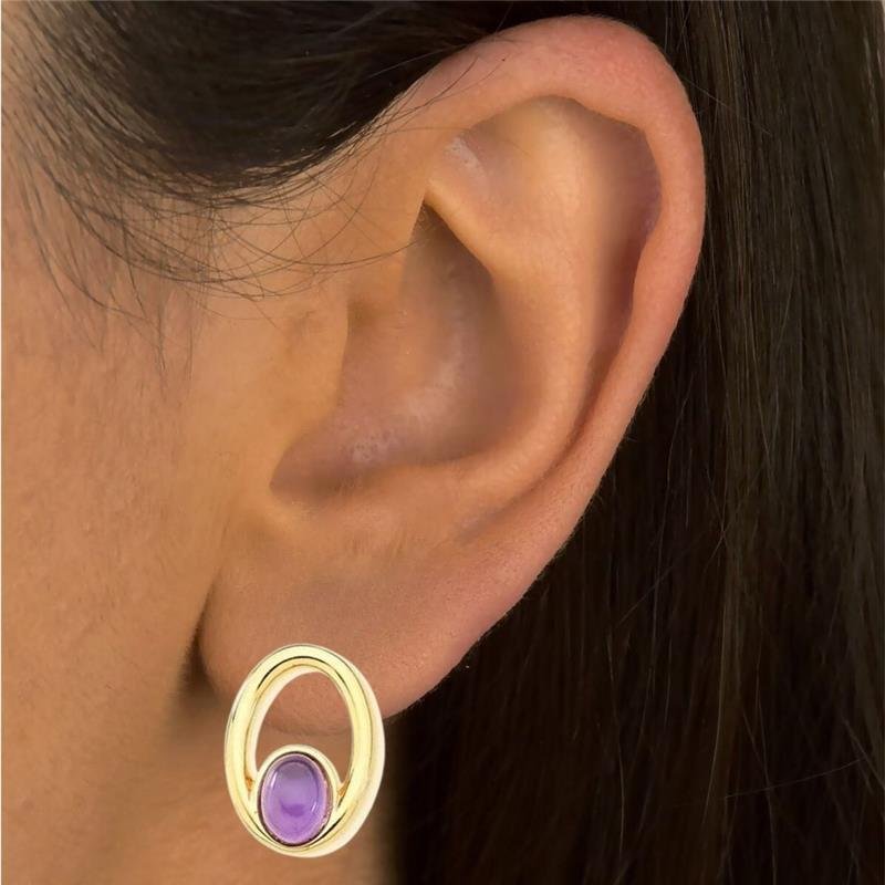 Brinco Pedras Naturais Oval Ametista