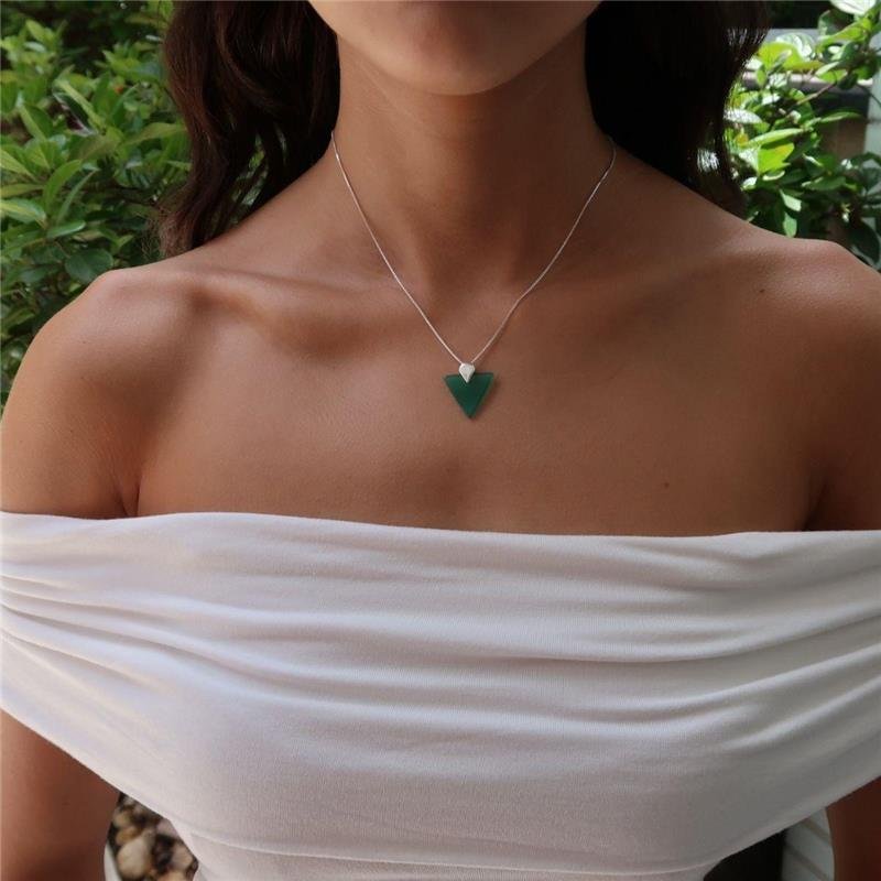 Colar Prata Legítima Ágata Verde Triângulo