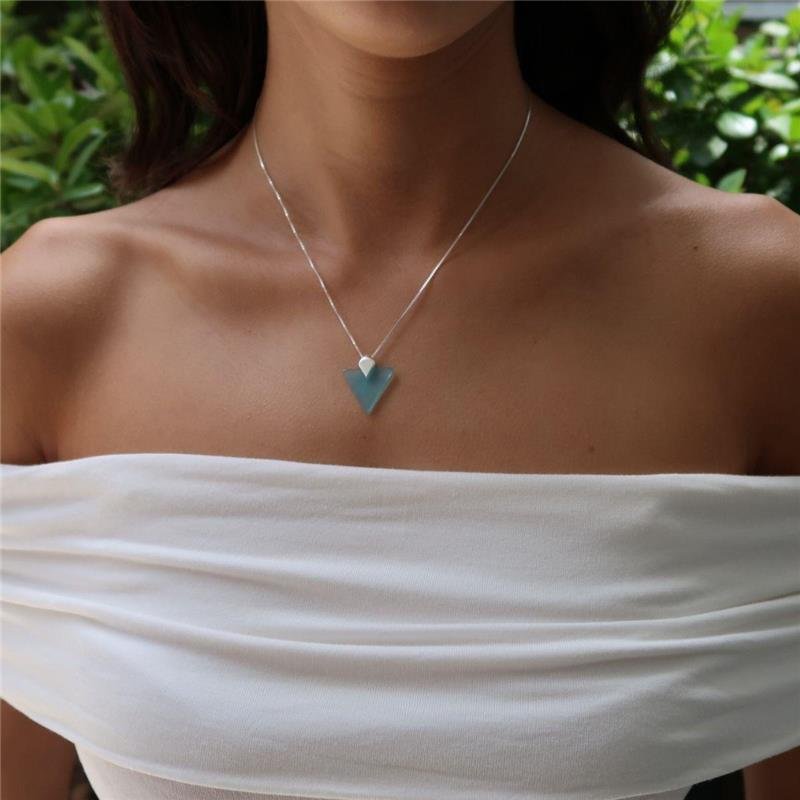 Colar Prata Legítima Ágata Azul Céu Triângulo