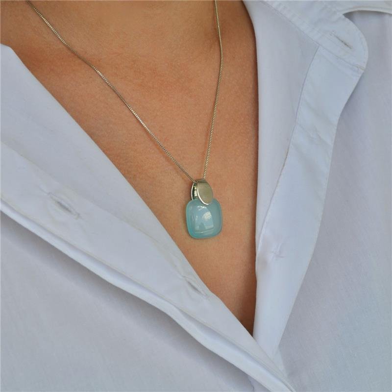 Colar Pedra Quadrada Ágata Azul Céu 