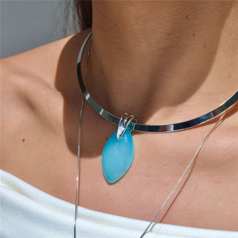 Pingente Pedras Naturais Navete Ágata Azul Céu 