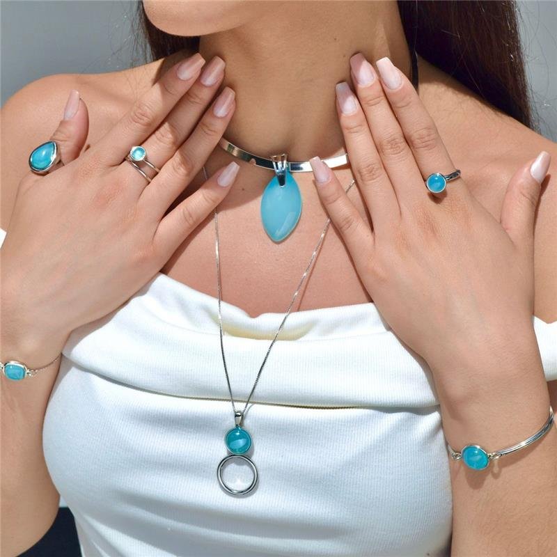 Pingente Pedras Naturais Navete Ágata Azul Céu 