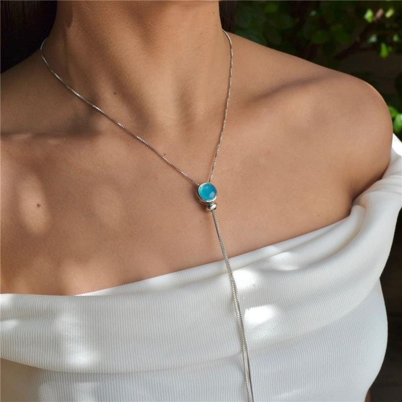 Colar Pedras Naturais Gravatinha Redondo Ágata Azul Céu