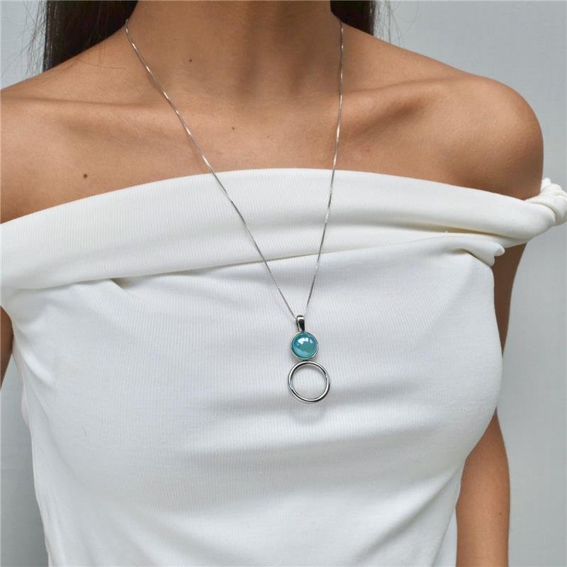 Colar Pedras Naturais Redondo com Argola Ágata Azul Céu