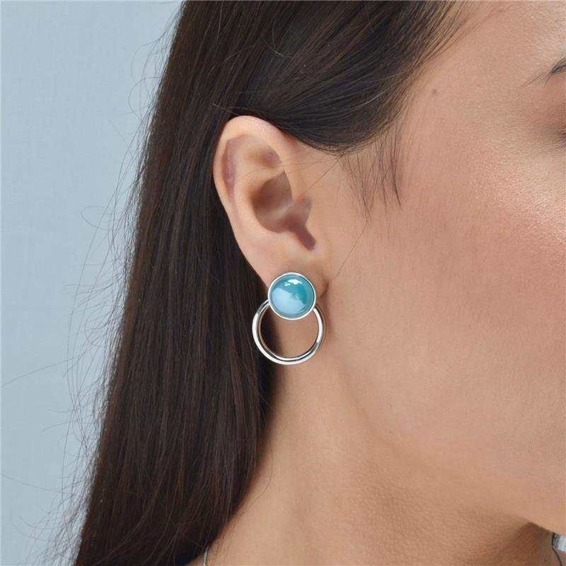 Brinco Pedras Naturais Redondo com Argola Perolado Ágata Azul Céu